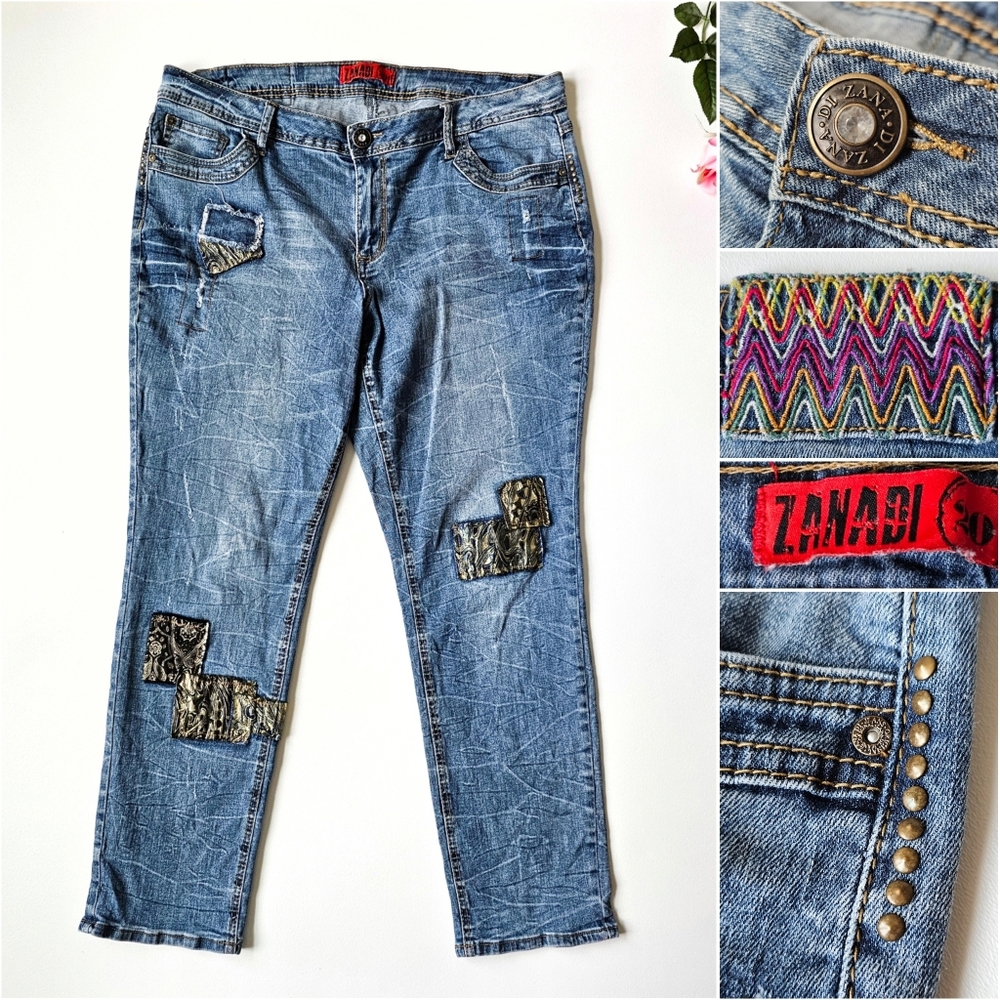 ZANA DI Patchwork Embellished Y2K Jeans Women’s 20W Boho Embroidered Denim